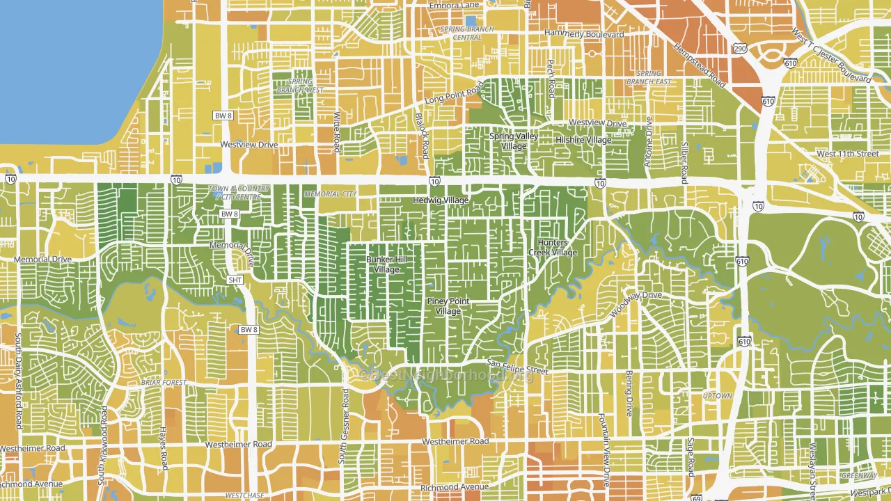 Map of the best neighborhoods in the 77024 area, with better matches in green and worse matches in red