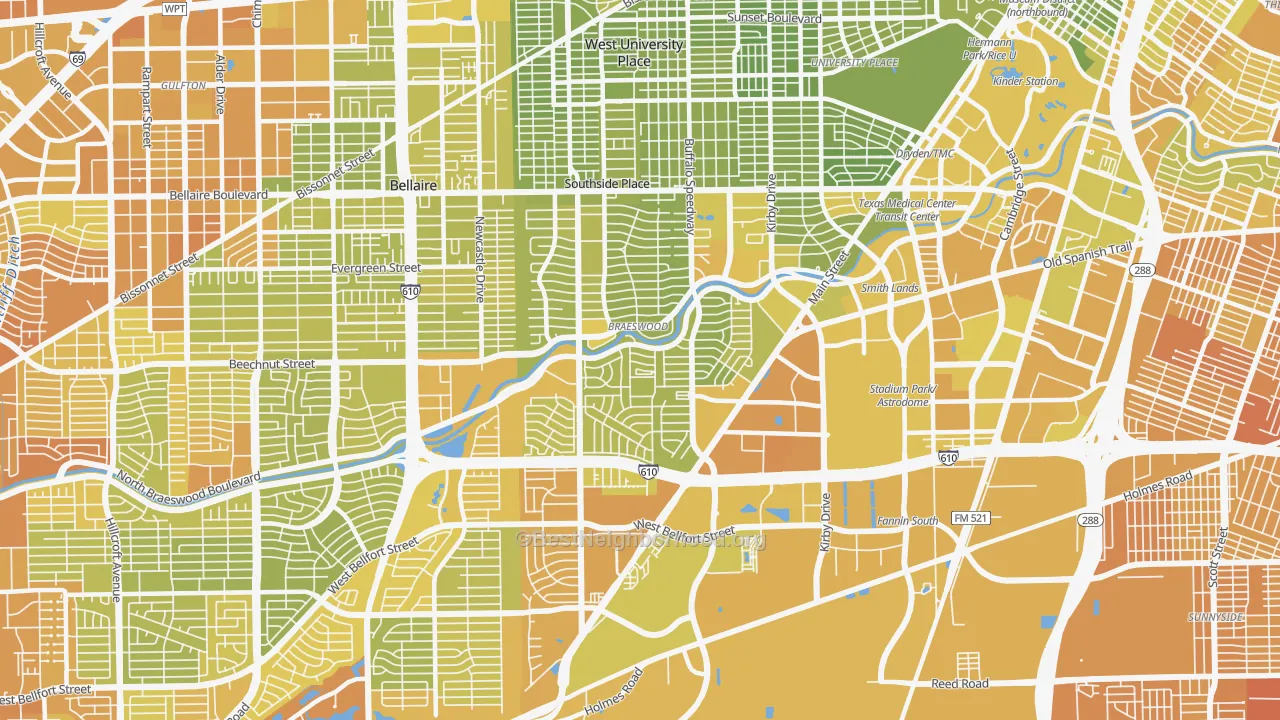 Map of the best neighborhoods in the 77025 area, with better matches in green and worse matches in red