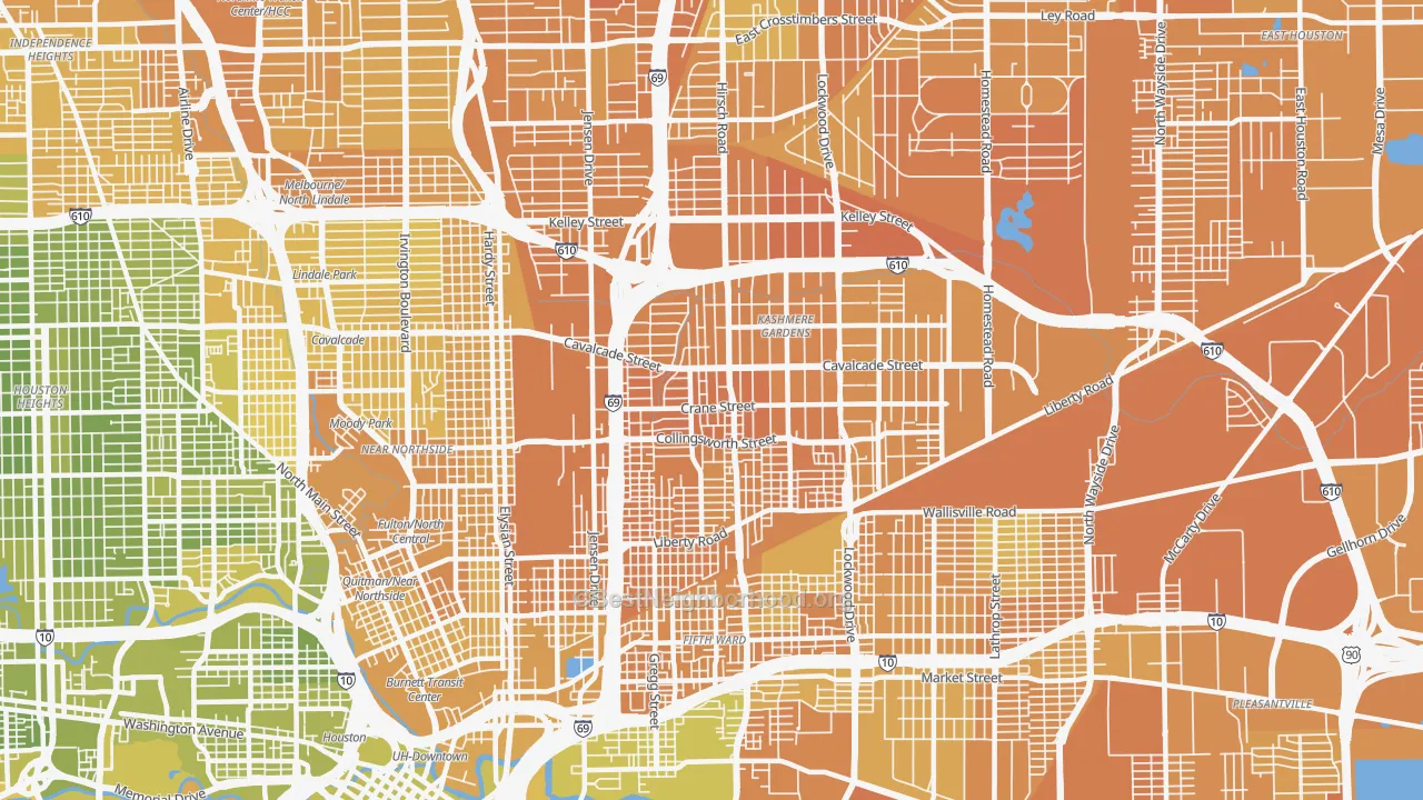 Map of the best neighborhoods in the 77026 area, with better matches in green and worse matches in red