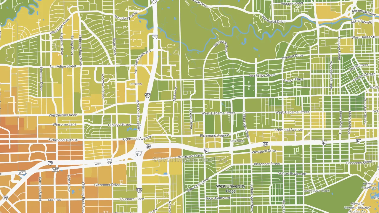 Map of the best neighborhoods in the 77027 area, with better matches in green and worse matches in red