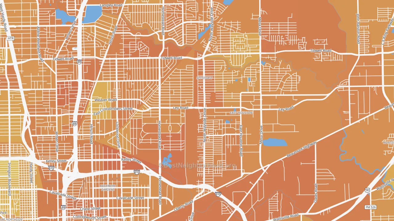 Map of the best neighborhoods in the 77028 area, with better matches in green and worse matches in red