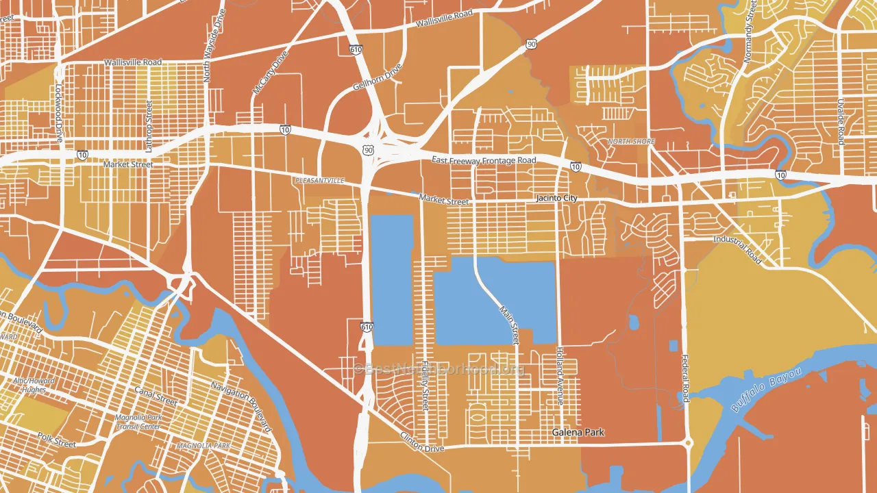 Map of the best neighborhoods in the 77029 area, with better matches in green and worse matches in red