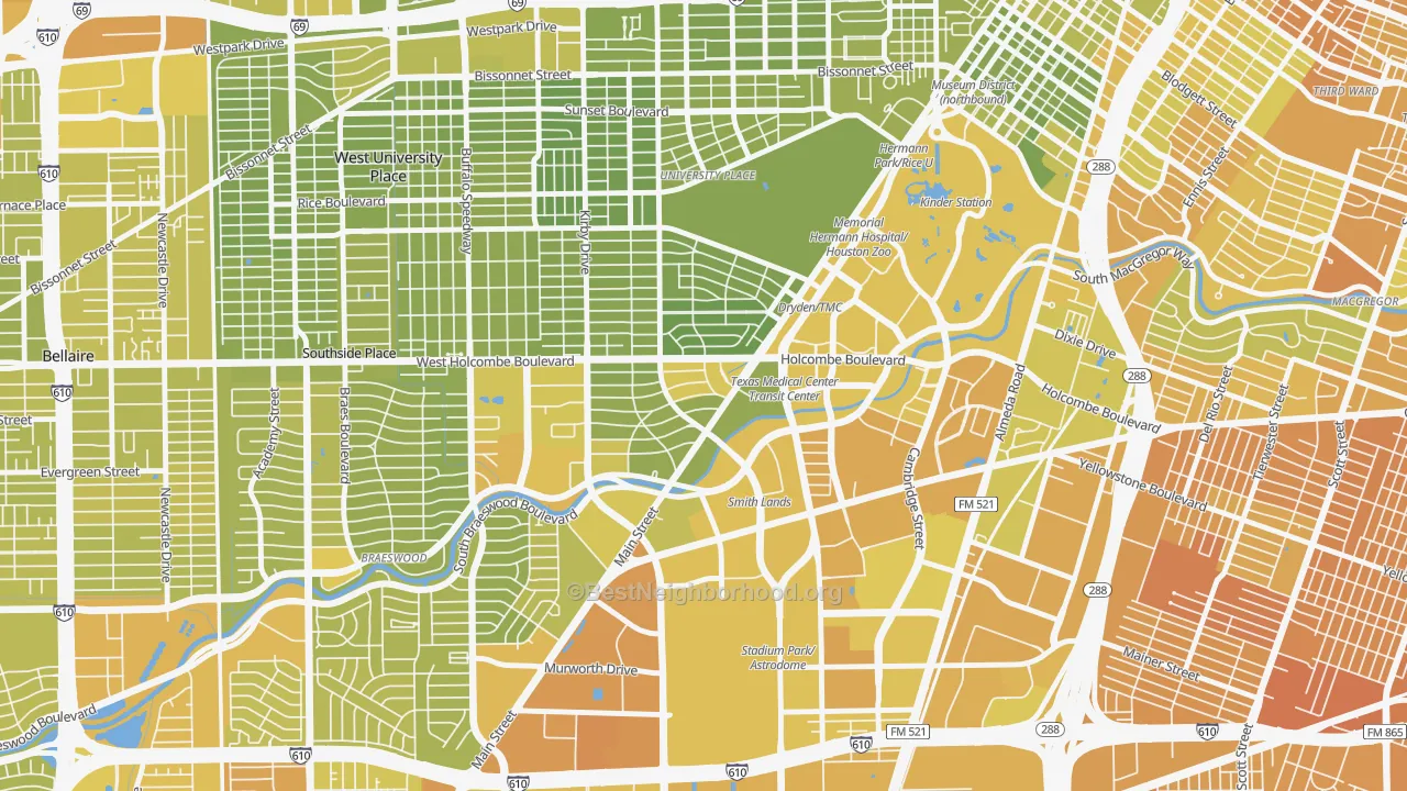 Map of the best neighborhoods in the 77030 area, with better matches in green and worse matches in red