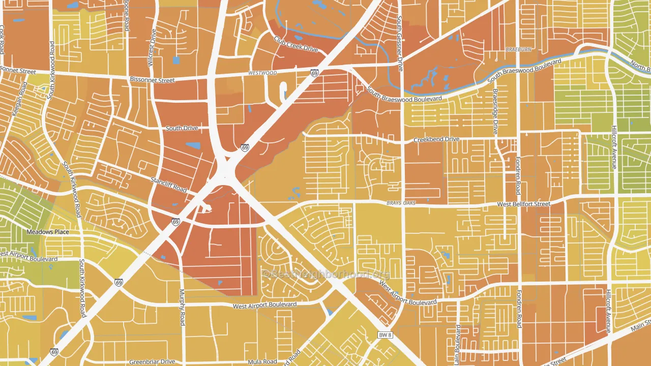 Map of the best neighborhoods in the 77031 area, with better matches in green and worse matches in red