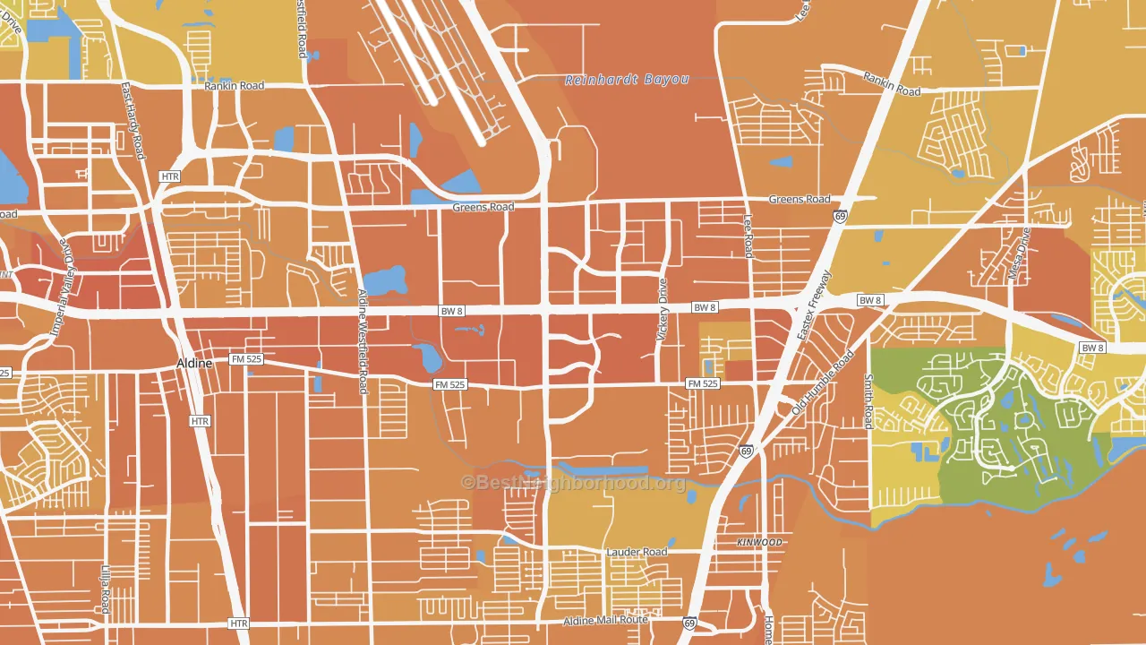 Map of the best neighborhoods in the 77032 area, with better matches in green and worse matches in red
