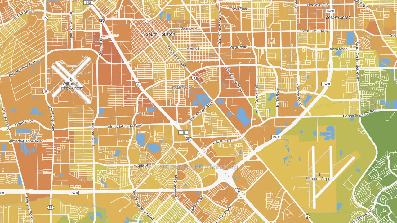 Map of the best neighborhoods in the 77034 area, with better matches in green and worse matches in red