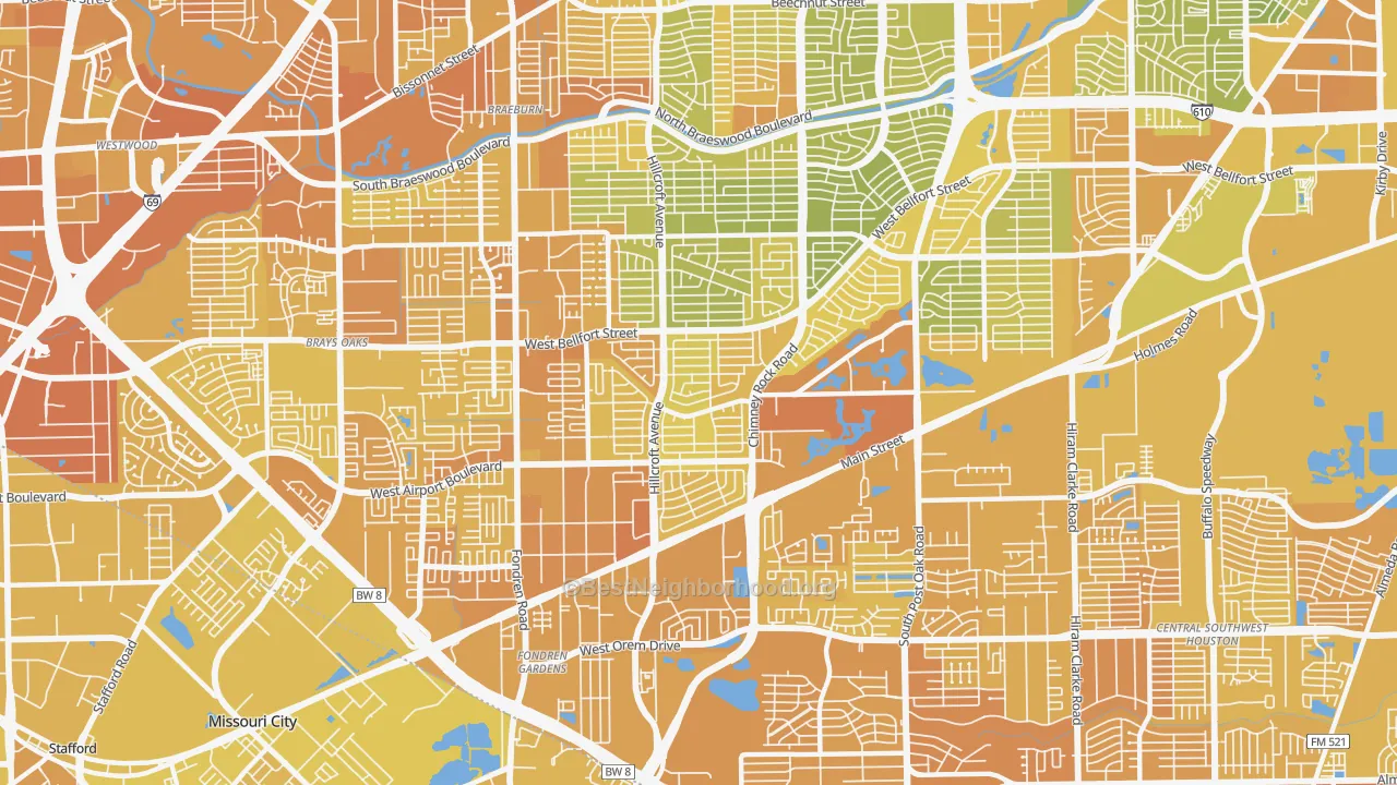 Map of the best neighborhoods in the 77035 area, with better matches in green and worse matches in red