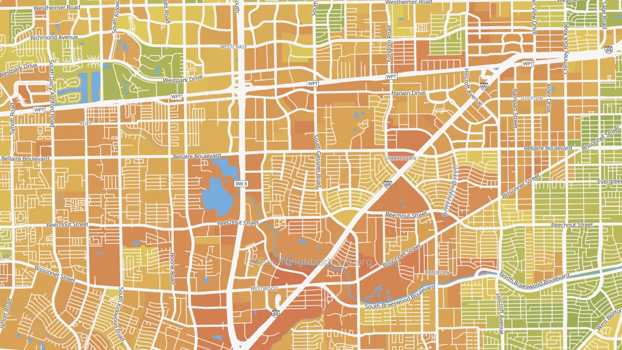 Map of the best neighborhoods in the 77036 area, with better matches in green and worse matches in red