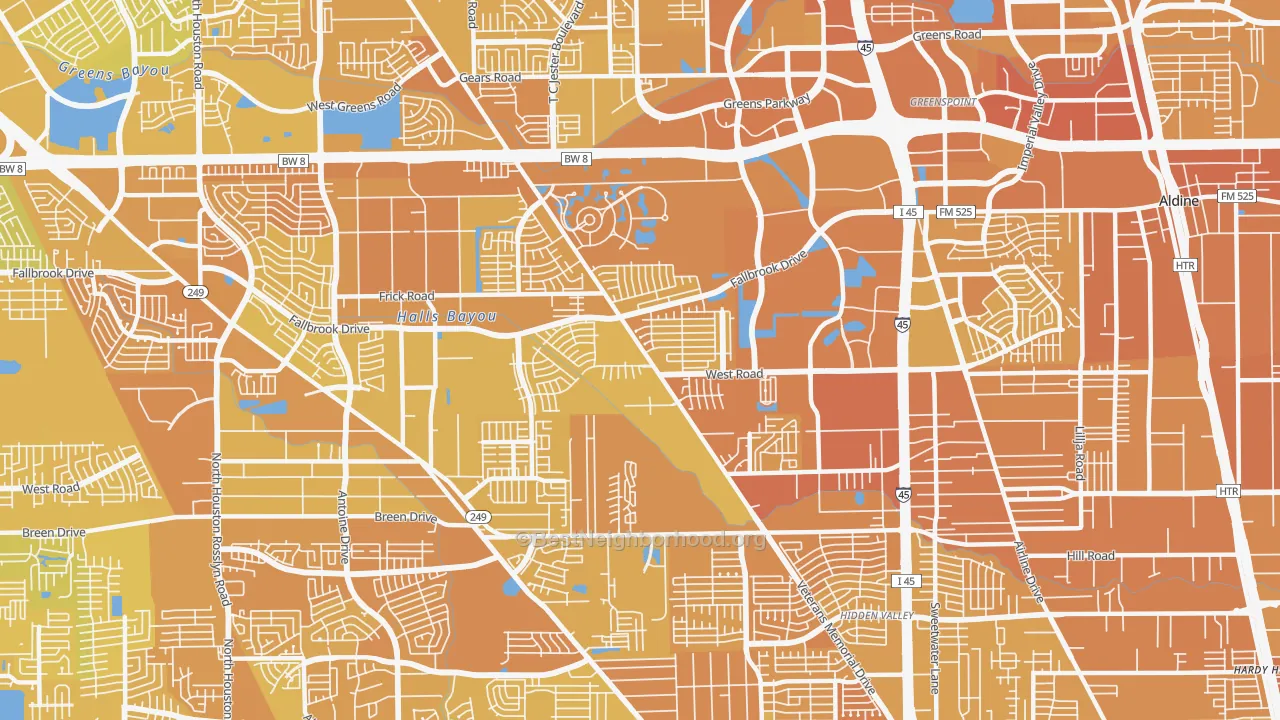 Map of the best neighborhoods in the 77038 area, with better matches in green and worse matches in red