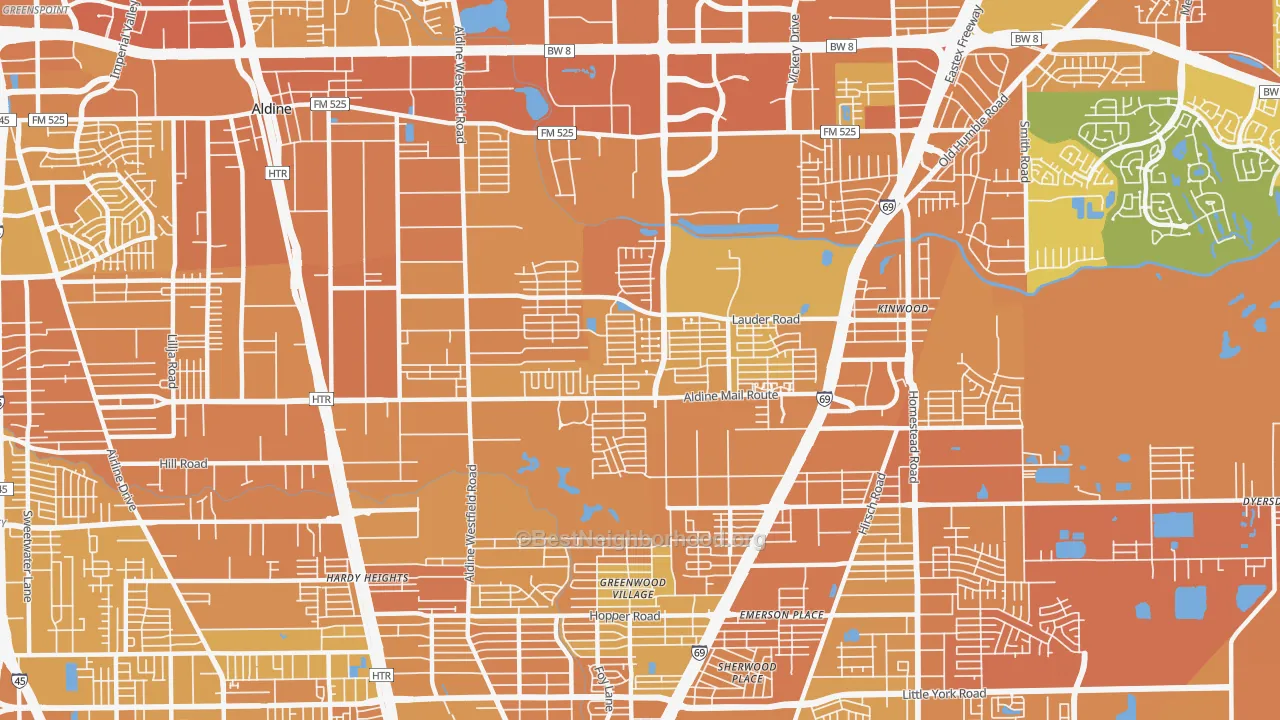 Map of the best neighborhoods in the 77039 area, with better matches in green and worse matches in red