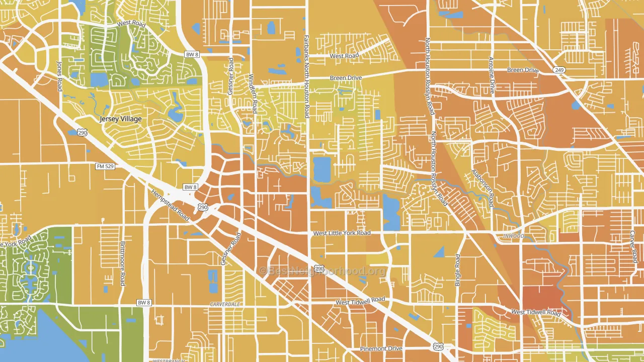 Map of the best neighborhoods in the 77040 area, with better matches in green and worse matches in red