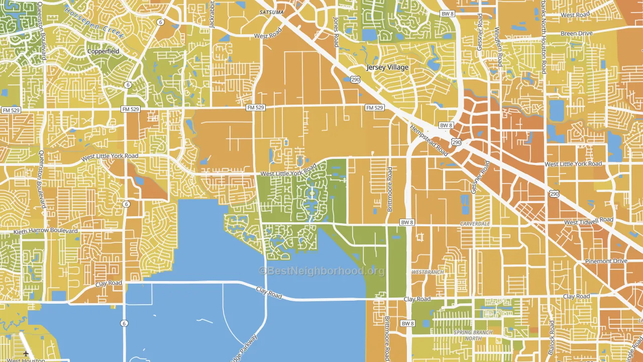 Map of the best neighborhoods in the 77041 area, with better matches in green and worse matches in red