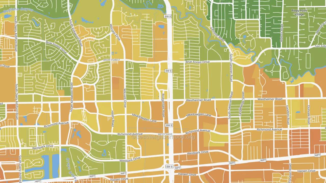 Map of the best neighborhoods in the 77042 area, with better matches in green and worse matches in red