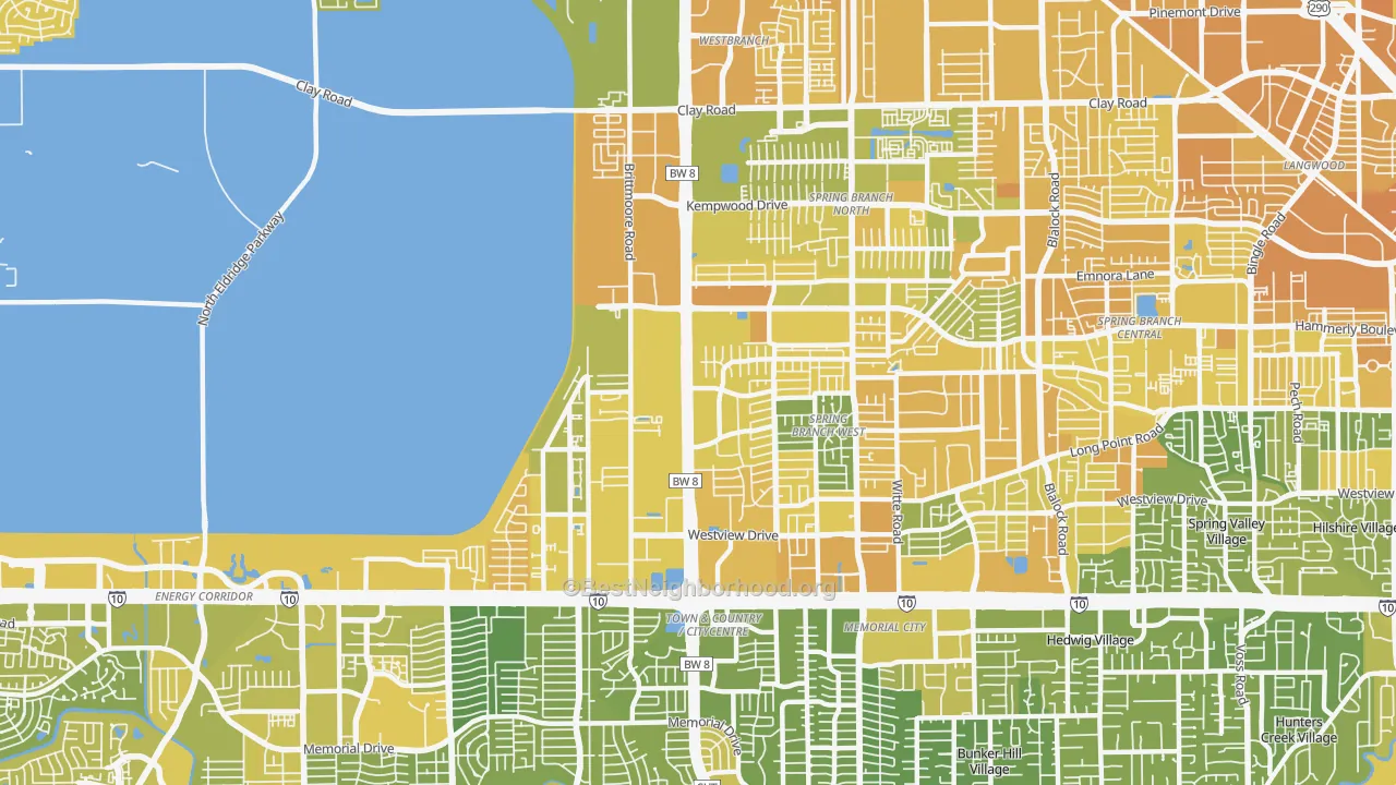 Map of the best neighborhoods in the 77043 area, with better matches in green and worse matches in red