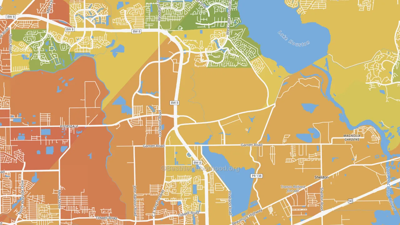 Map of the best neighborhoods in the 77044 area, with better matches in green and worse matches in red
