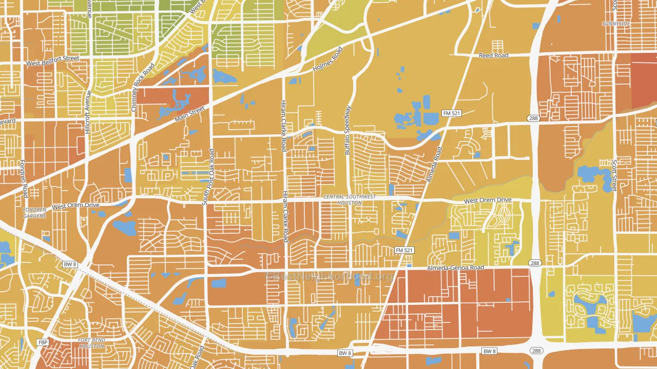 Map of the best neighborhoods in the 77045 area, with better matches in green and worse matches in red