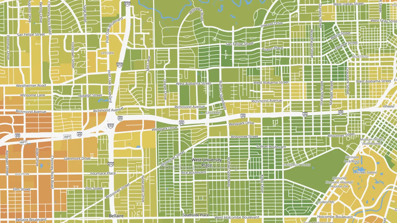 Map of the best neighborhoods in the 77046 area, with better matches in green and worse matches in red