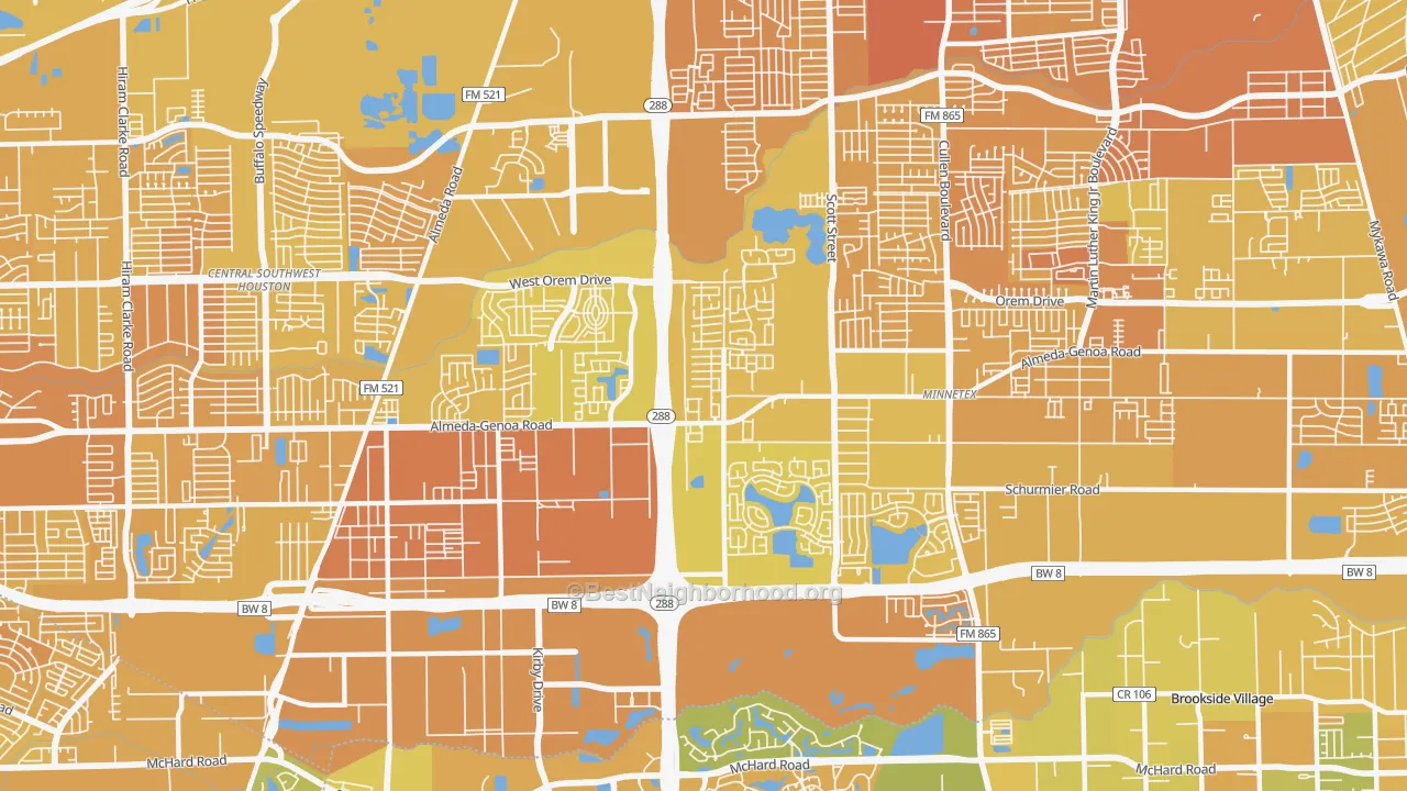 Map of the best neighborhoods in the 77047 area, with better matches in green and worse matches in red