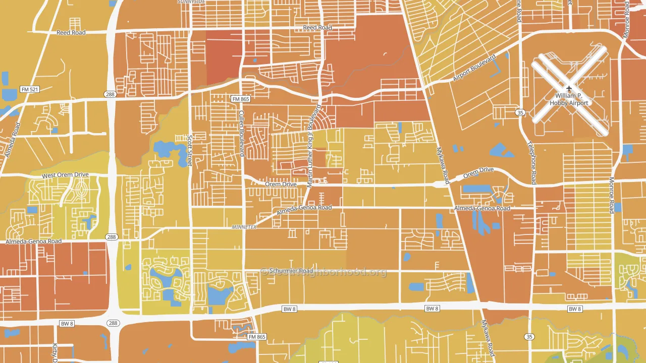 Map of the best neighborhoods in the 77048 area, with better matches in green and worse matches in red