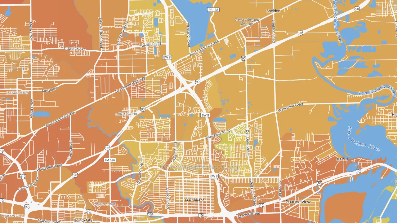 Map of the best neighborhoods in the 77049 area, with better matches in green and worse matches in red