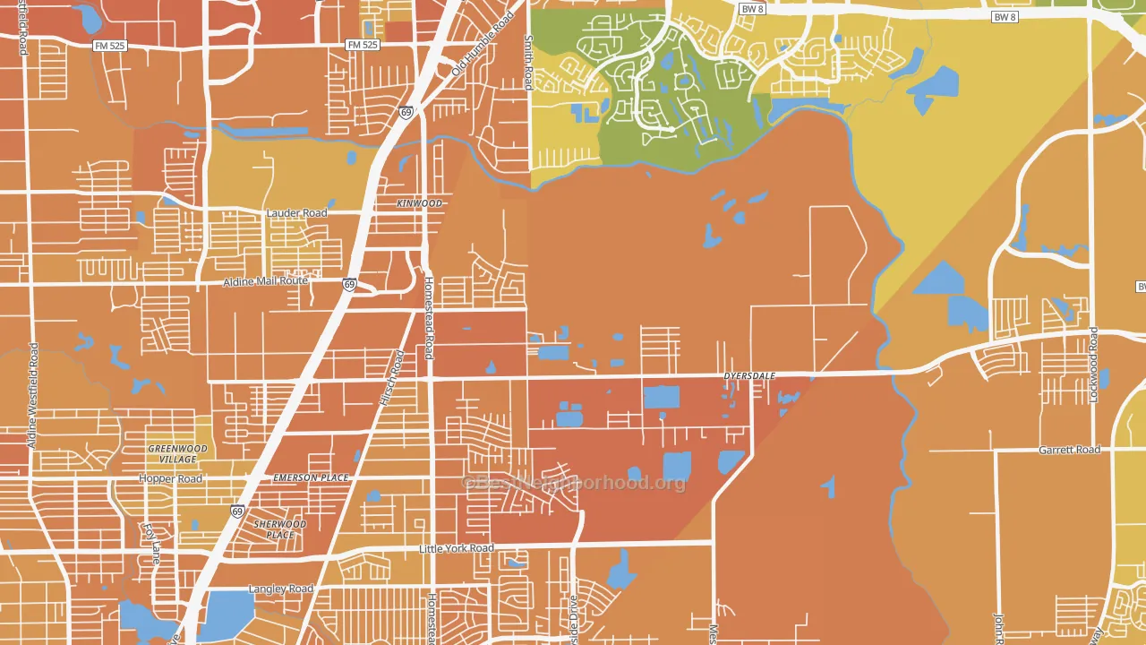 Map of the best neighborhoods in the 77050 area, with better matches in green and worse matches in red