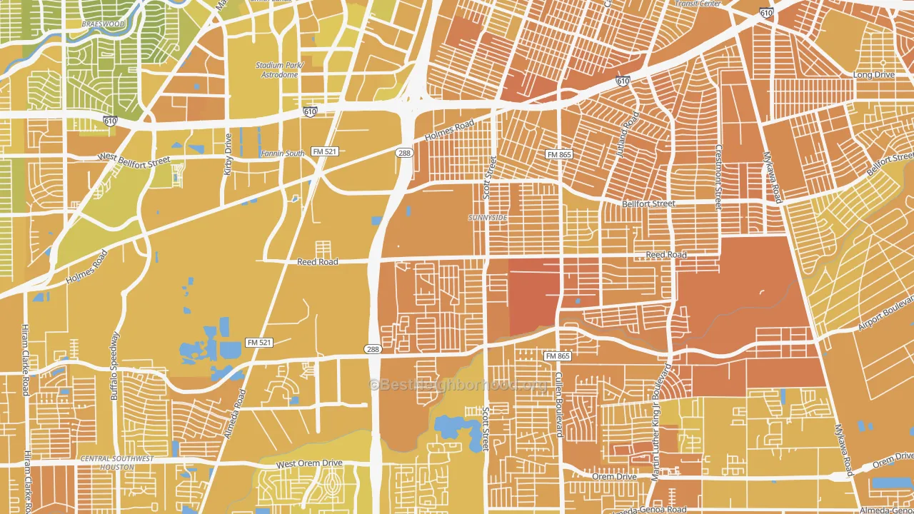 Map of the best neighborhoods in the 77051 area, with better matches in green and worse matches in red