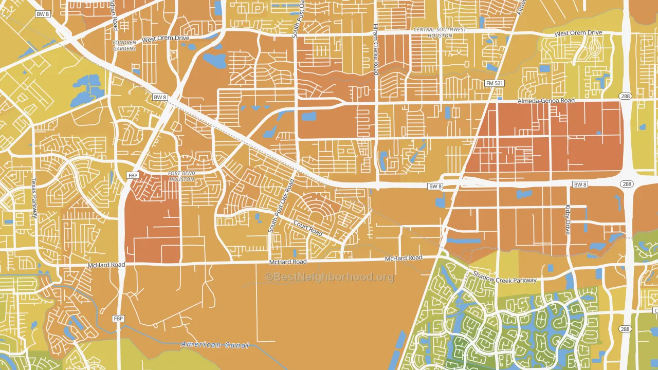 Map of the best neighborhoods in the 77053 area, with better matches in green and worse matches in red