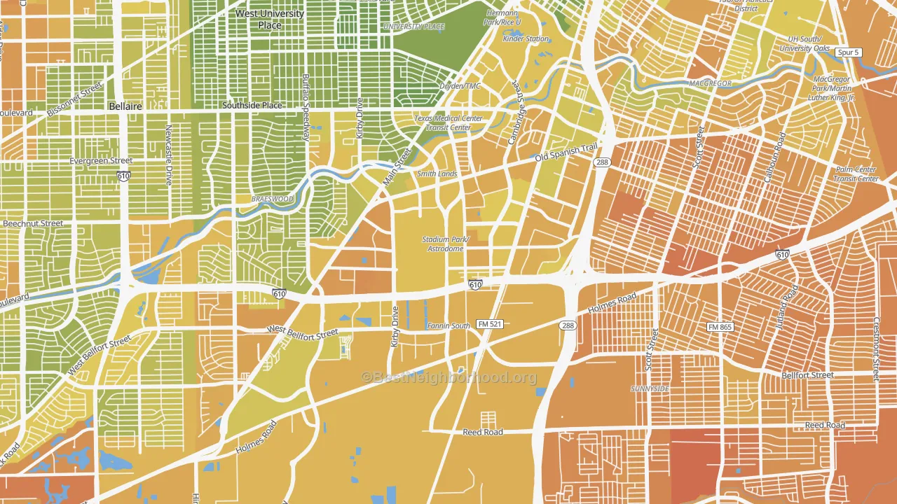 Map of the best neighborhoods in the 77054 area, with better matches in green and worse matches in red