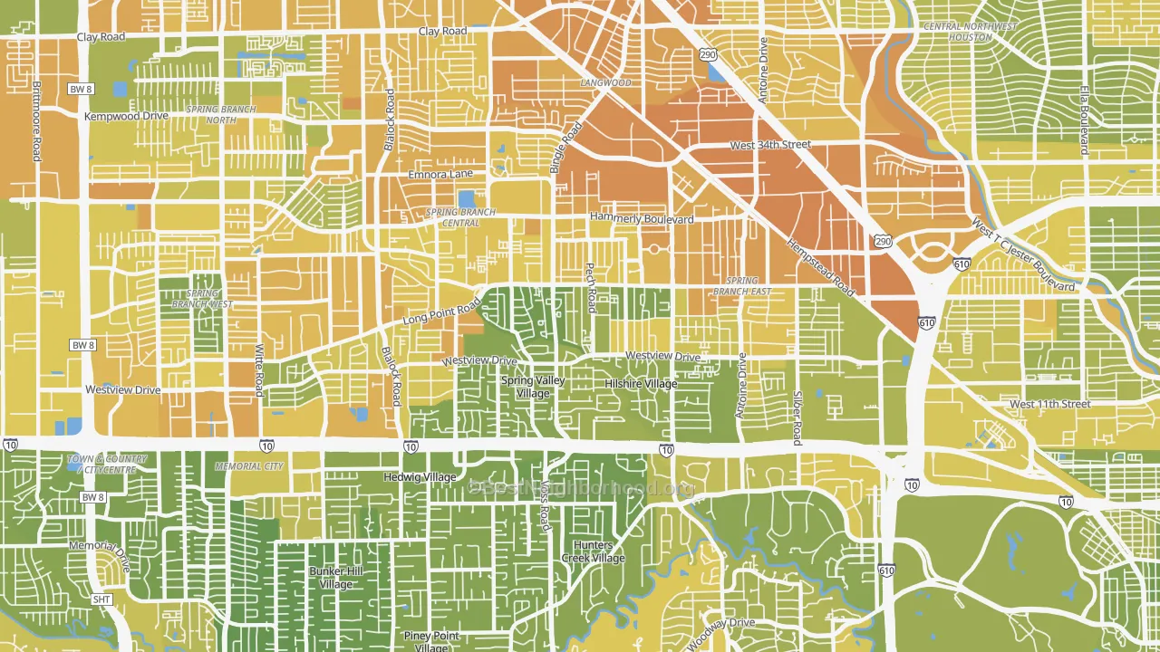 Map of the best neighborhoods in the 77055 area, with better matches in green and worse matches in red