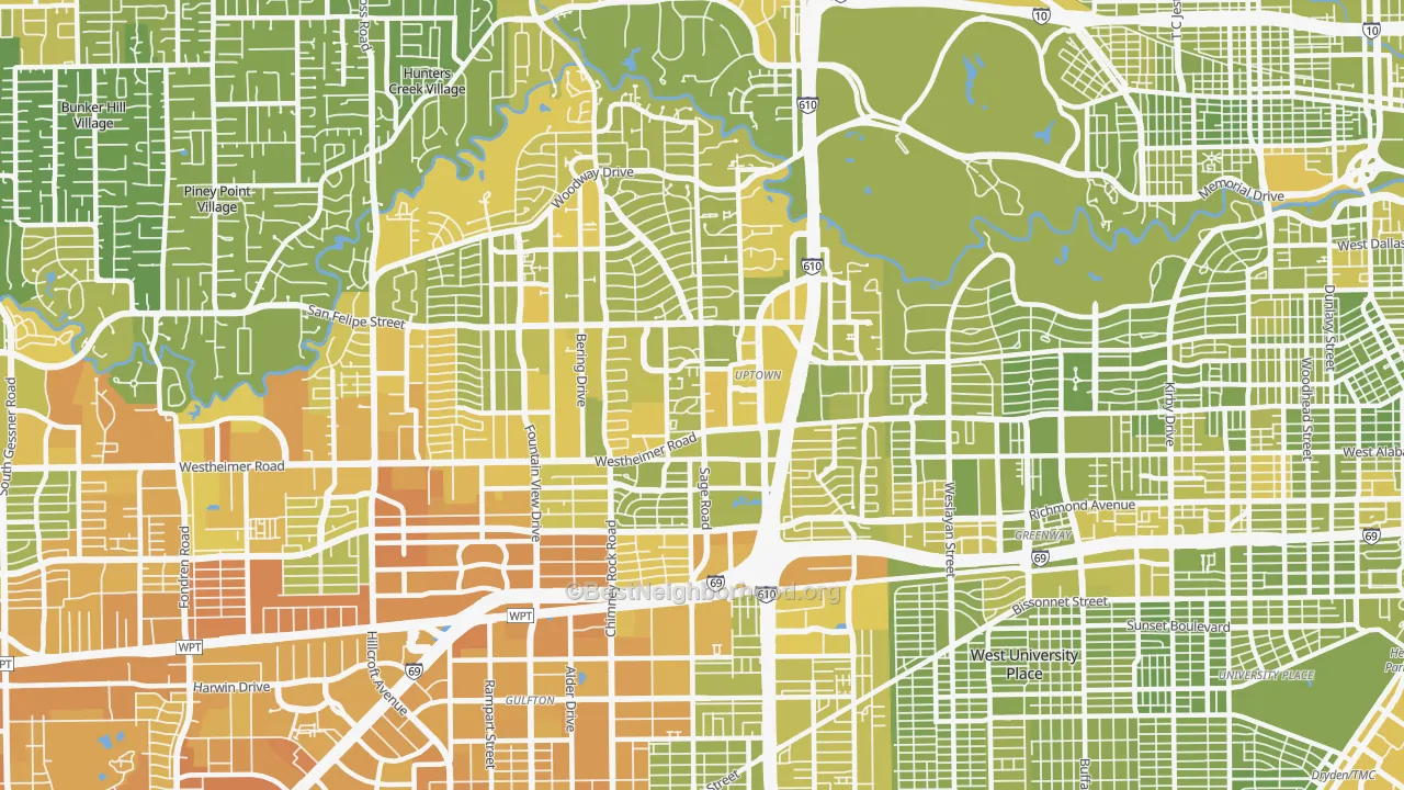 Map of the best neighborhoods in the 77056 area, with better matches in green and worse matches in red