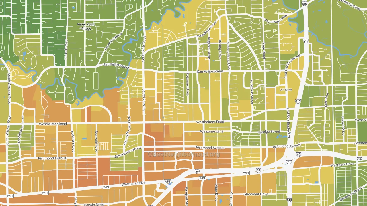 Map of the best neighborhoods in the 77057 area, with better matches in green and worse matches in red