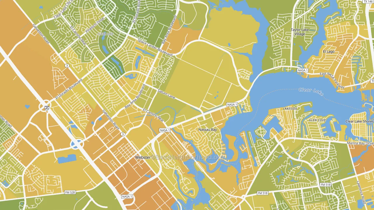 Map of the best neighborhoods in the 77058 area, with better matches in green and worse matches in red