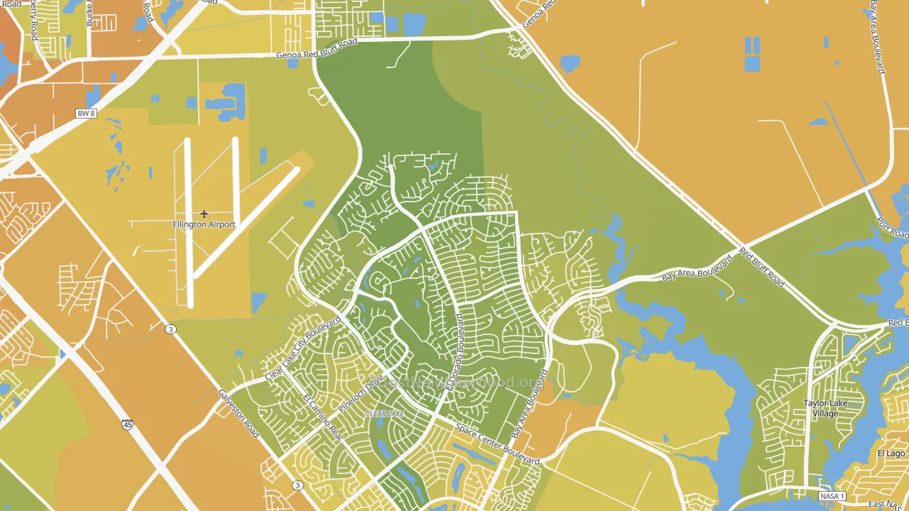 Map of the best neighborhoods in the 77059 area, with better matches in green and worse matches in red