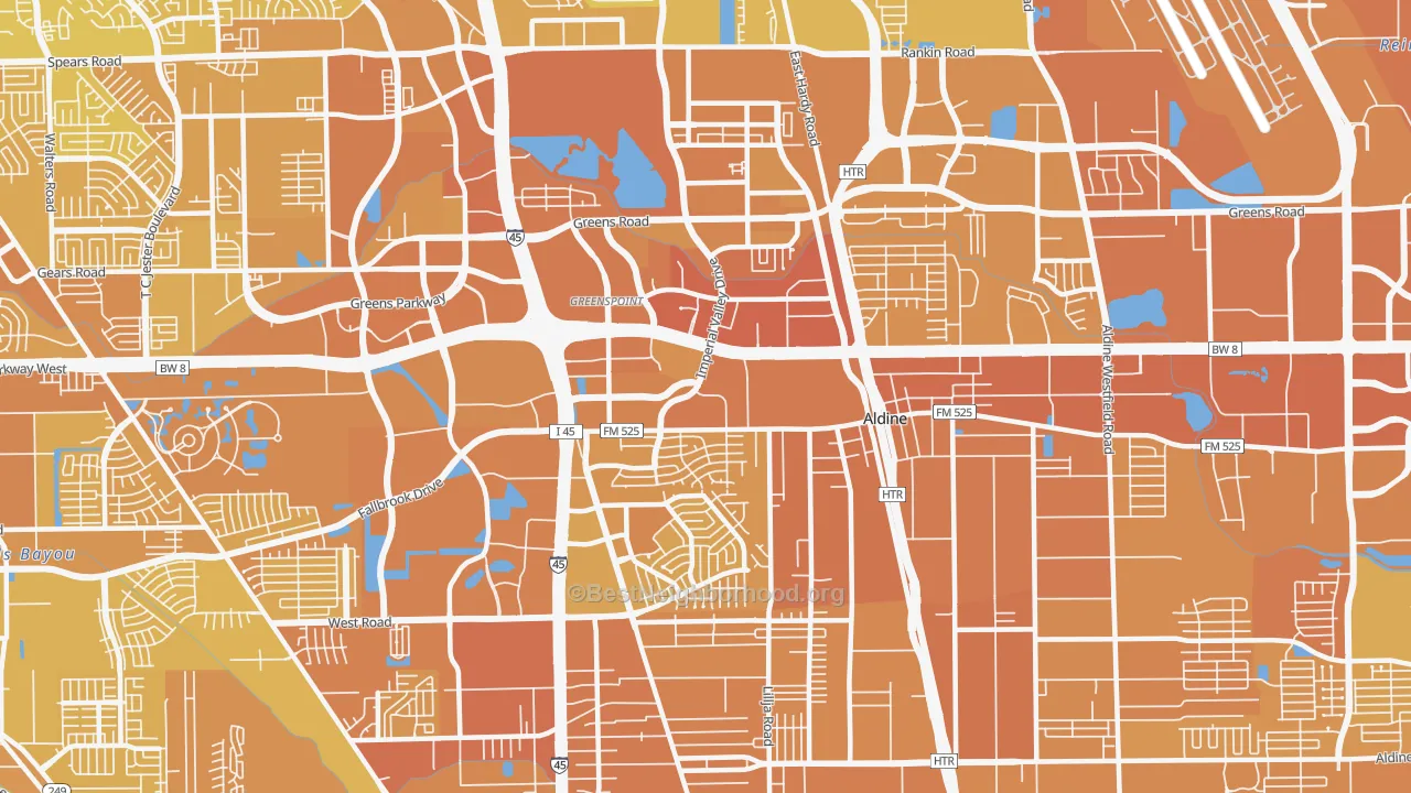 Map of the best neighborhoods in the 77060 area, with better matches in green and worse matches in red