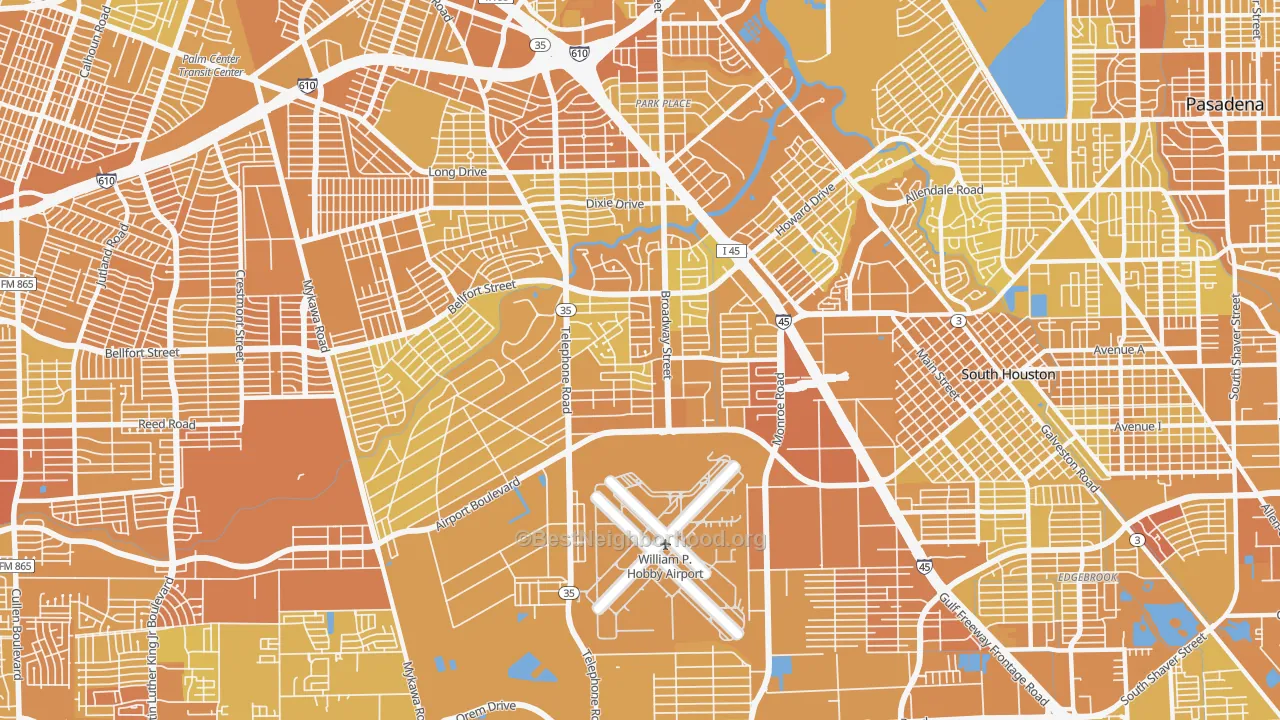 Map of the best neighborhoods in the 77061 area, with better matches in green and worse matches in red