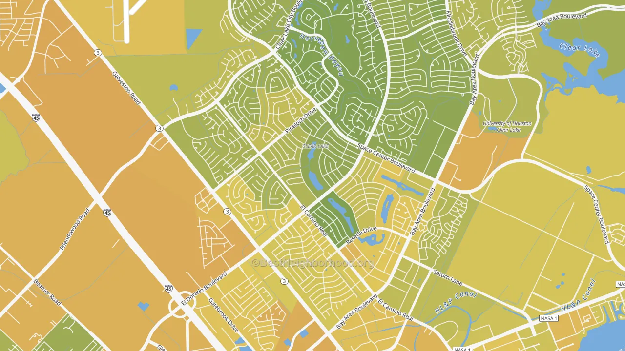 Map of the best neighborhoods in the 77062 area, with better matches in green and worse matches in red