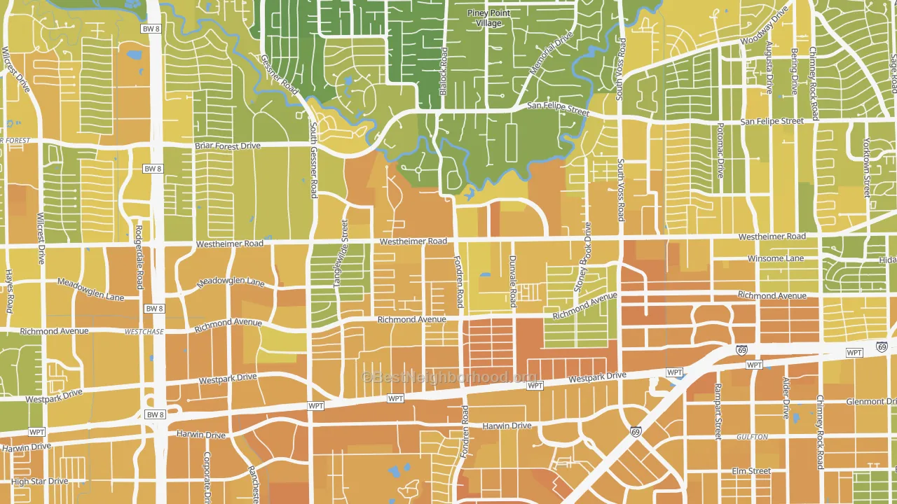 Map of the best neighborhoods in the 77063 area, with better matches in green and worse matches in red