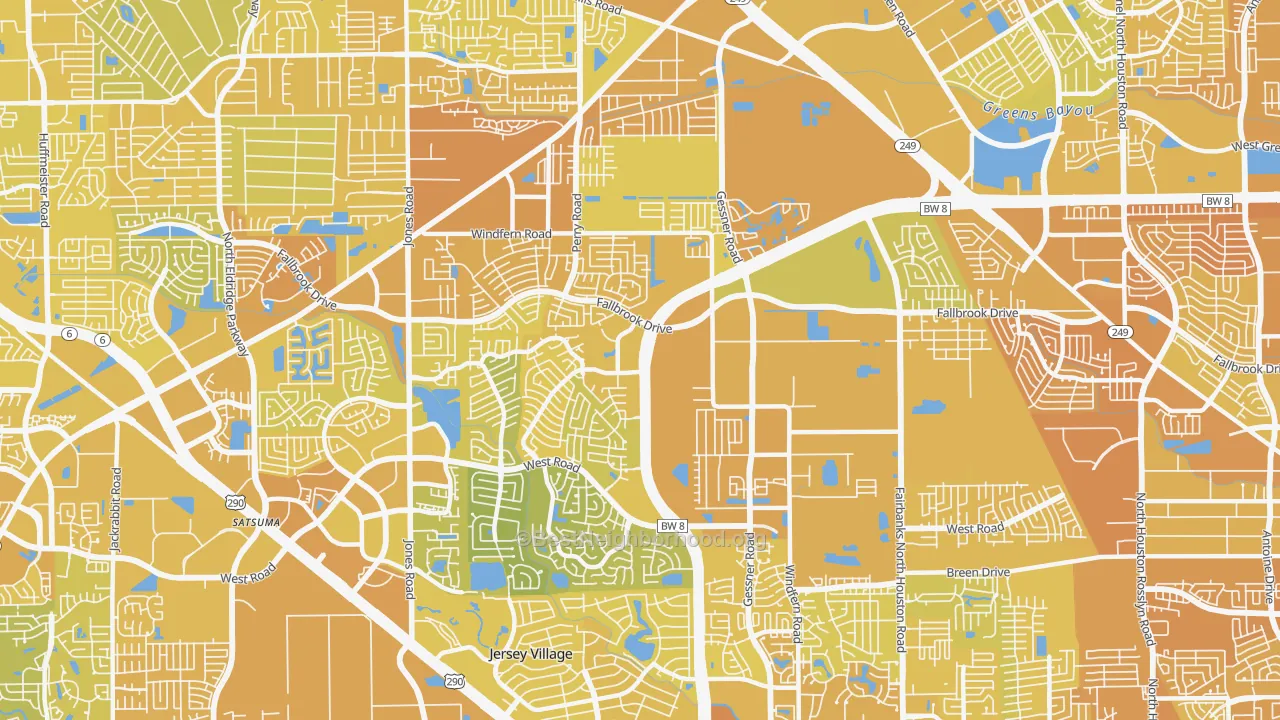 Map of the best neighborhoods in the 77064 area, with better matches in green and worse matches in red