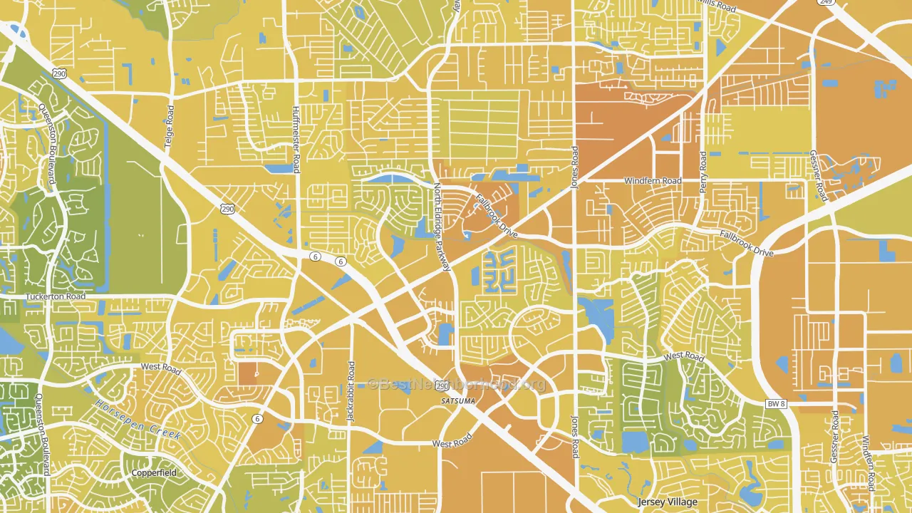 Map of the best neighborhoods in the 77065 area, with better matches in green and worse matches in red