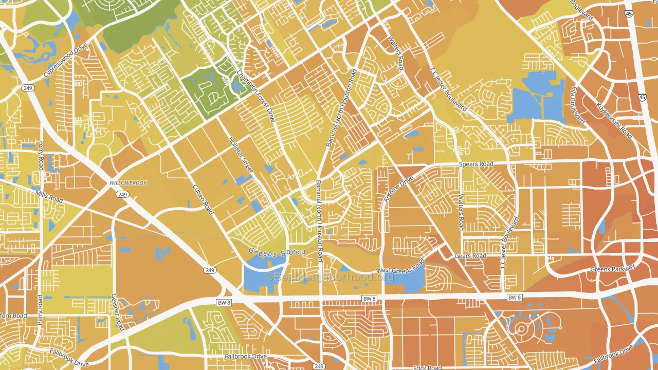 Map of the best neighborhoods in the 77066 area, with better matches in green and worse matches in red