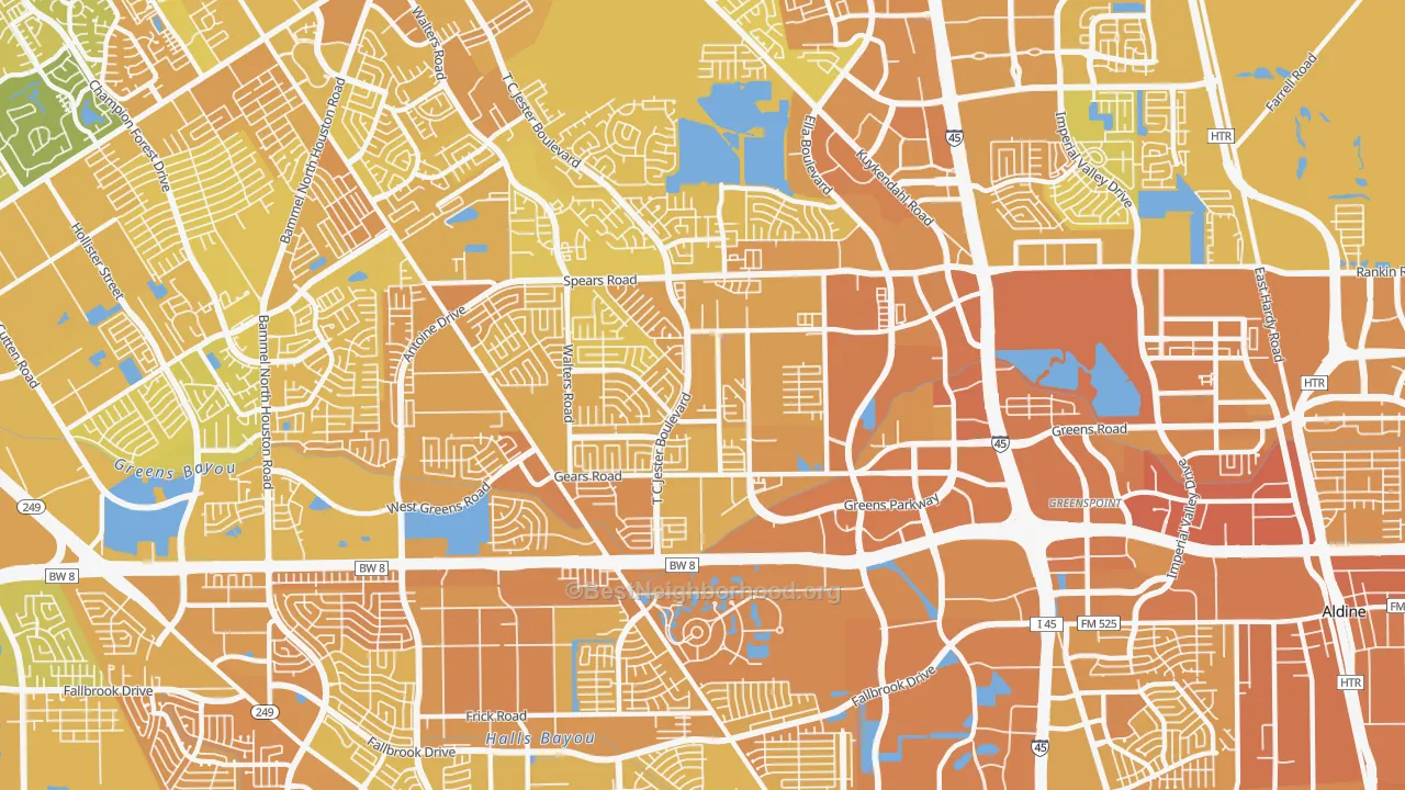 Map of the best neighborhoods in the 77067 area, with better matches in green and worse matches in red