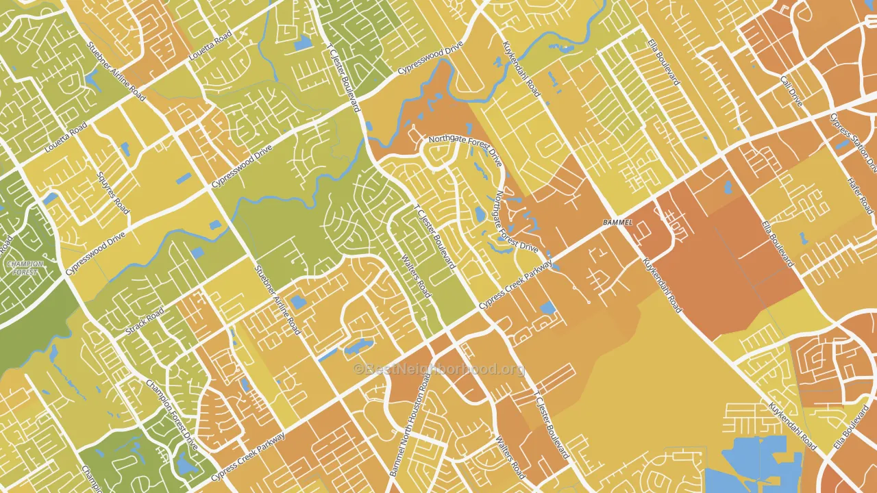 Map of the best neighborhoods in the 77068 area, with better matches in green and worse matches in red