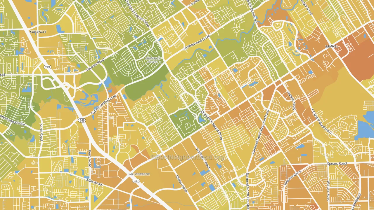 Map of the best neighborhoods in the 77069 area, with better matches in green and worse matches in red