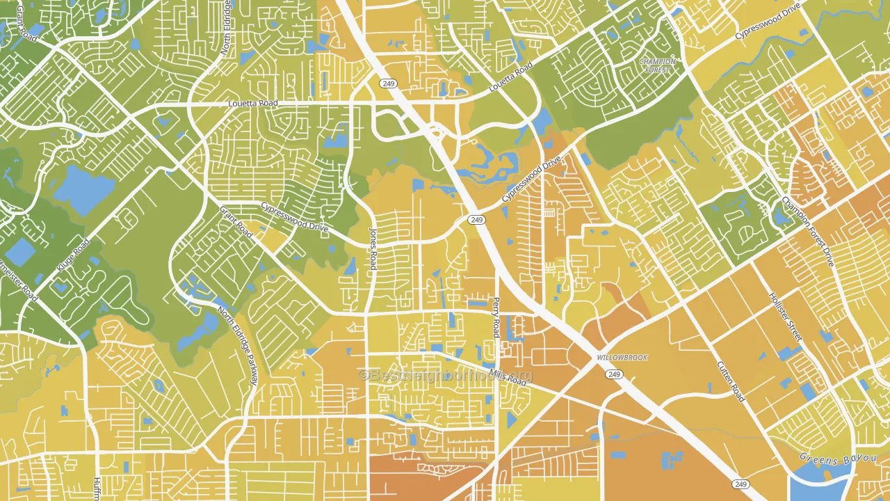 Map of the best neighborhoods in the 77070 area, with better matches in green and worse matches in red
