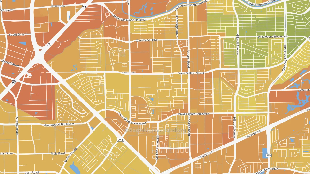 Map of the best neighborhoods in the 77071 area, with better matches in green and worse matches in red