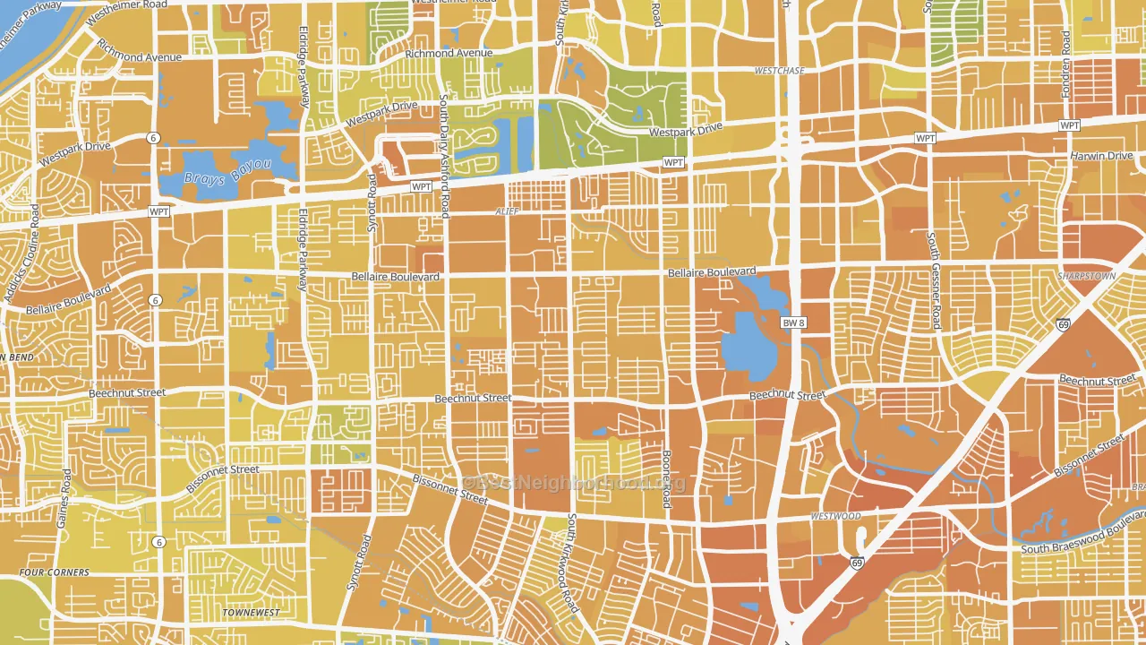 Map of the best neighborhoods in the 77072 area, with better matches in green and worse matches in red