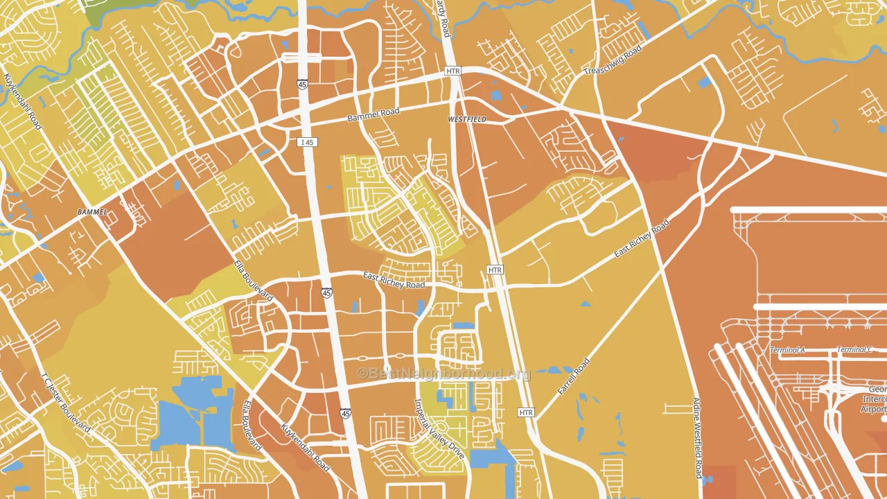 Map of the best neighborhoods in the 77073 area, with better matches in green and worse matches in red