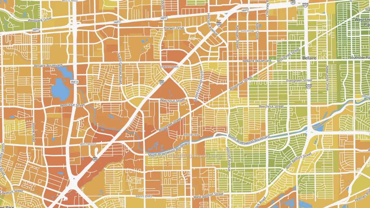 Map of the best neighborhoods in the 77074 area, with better matches in green and worse matches in red