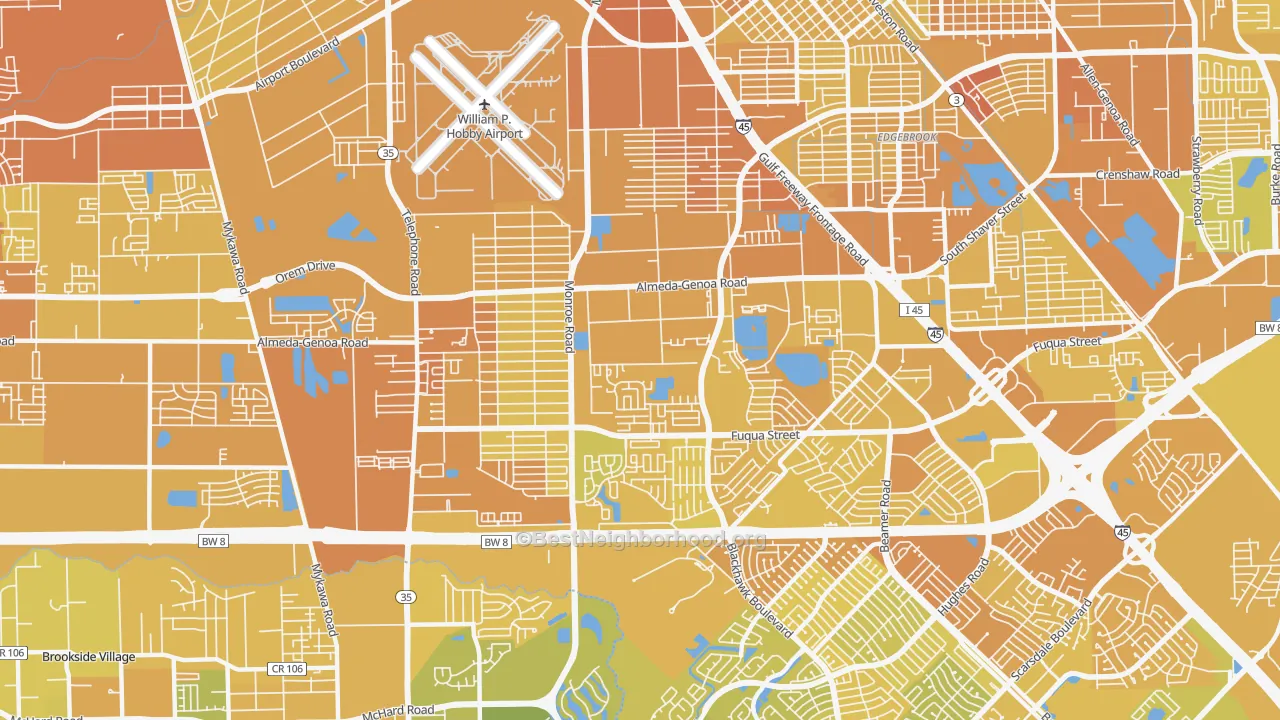 Map of the best neighborhoods in the 77075 area, with better matches in green and worse matches in red