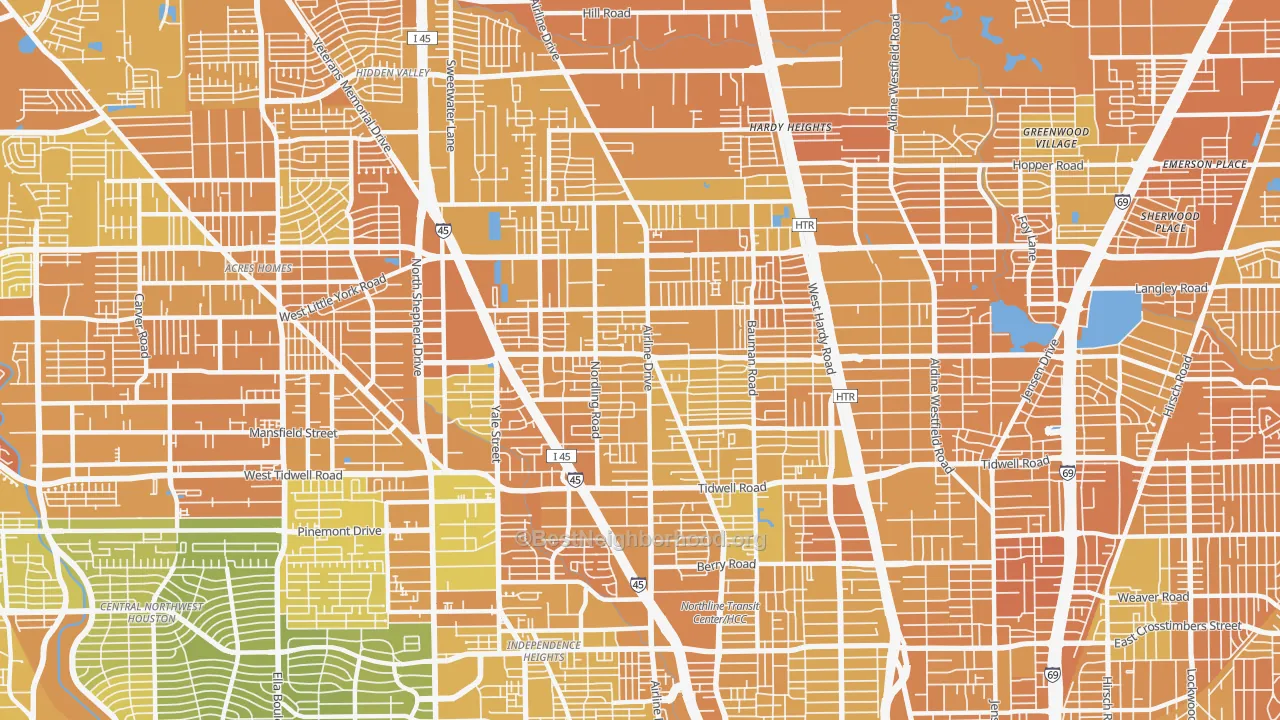 Map of the best neighborhoods in the 77076 area, with better matches in green and worse matches in red